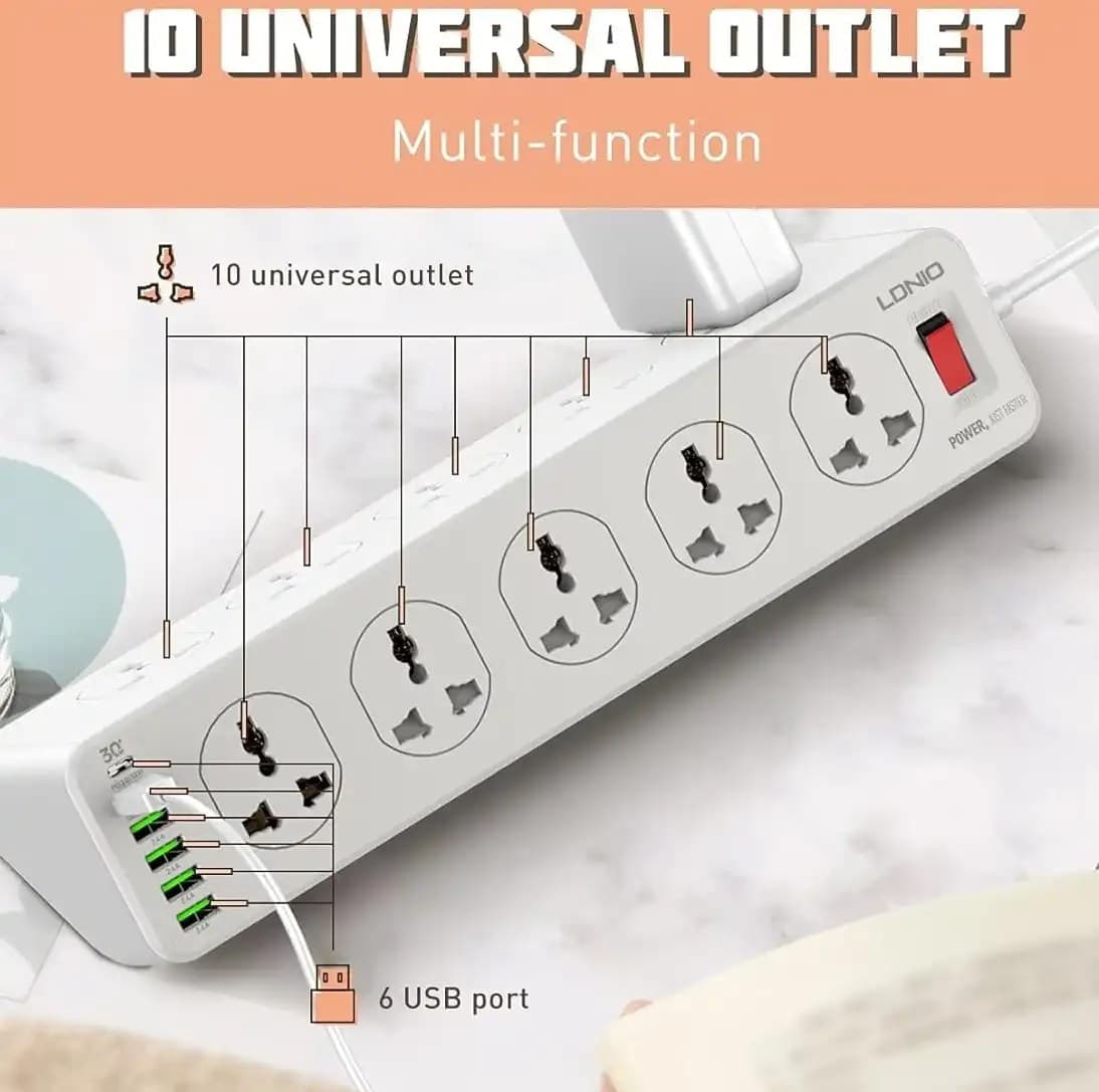 LDNIO SC10610 30W 6 Port USB Fast Charging Power Strip Wall Charger view 3