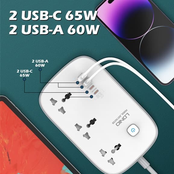 LDNIO SC3416 3 Outlets 65 Watt 4 GaN USB Port Multi Power Strip Plug Boar Extension Socket view 2