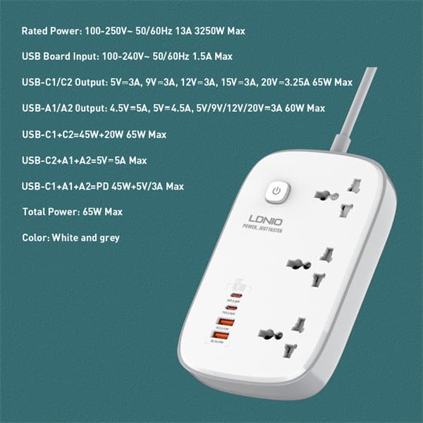 LDNIO SC3416 3 Outlets 65 Watt 4 GaN USB Port Multi Power Strip Plug Boar Extension Socket view 5