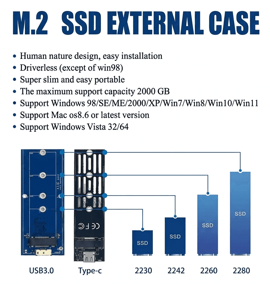 M.2 NVMe / SATA SSD Enclosure Case USB To Type C view 3