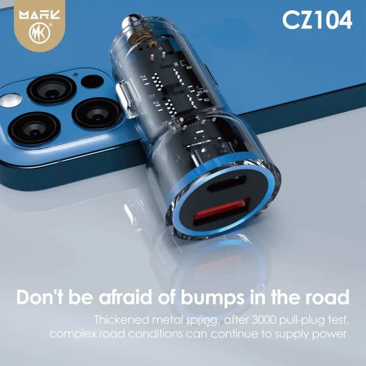 Mark CZ104 Transparent 2 Port PD & QC 3.0 Car Charger