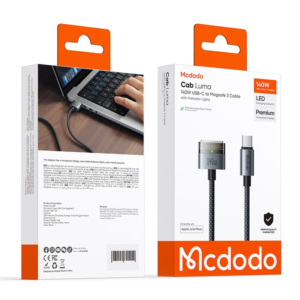 MCDODO CA 207 140W USB-C To MagSafe 3 Charging Cable 2M With LED Indicator & Nylon Braided view 6