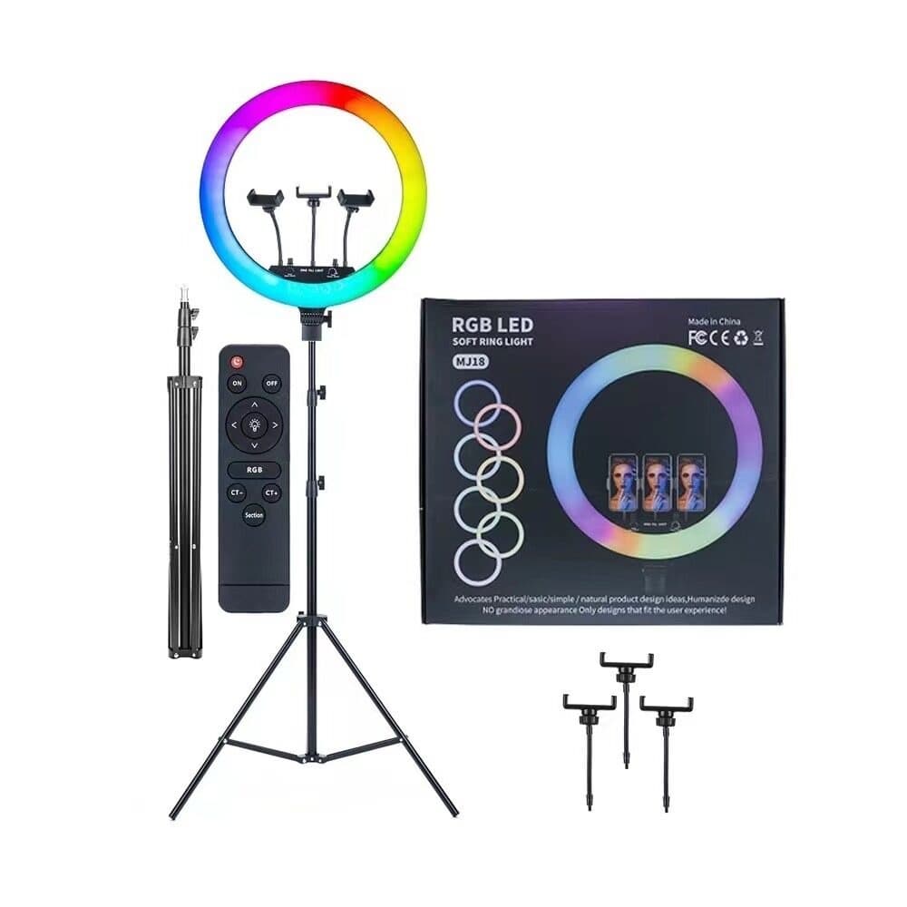 MJ18 45cm RGB LED Ring Fill Light Includes 3 Phone Holders Remote And 7 Ft. Stand