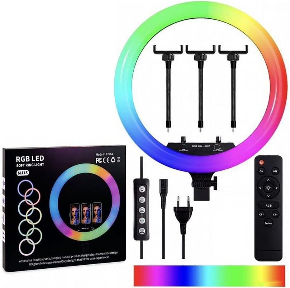 MJ18 45cm RGB LED Ring Fill Light Includes 3 Phone Holders Remote And 7 Ft. Stand view 4