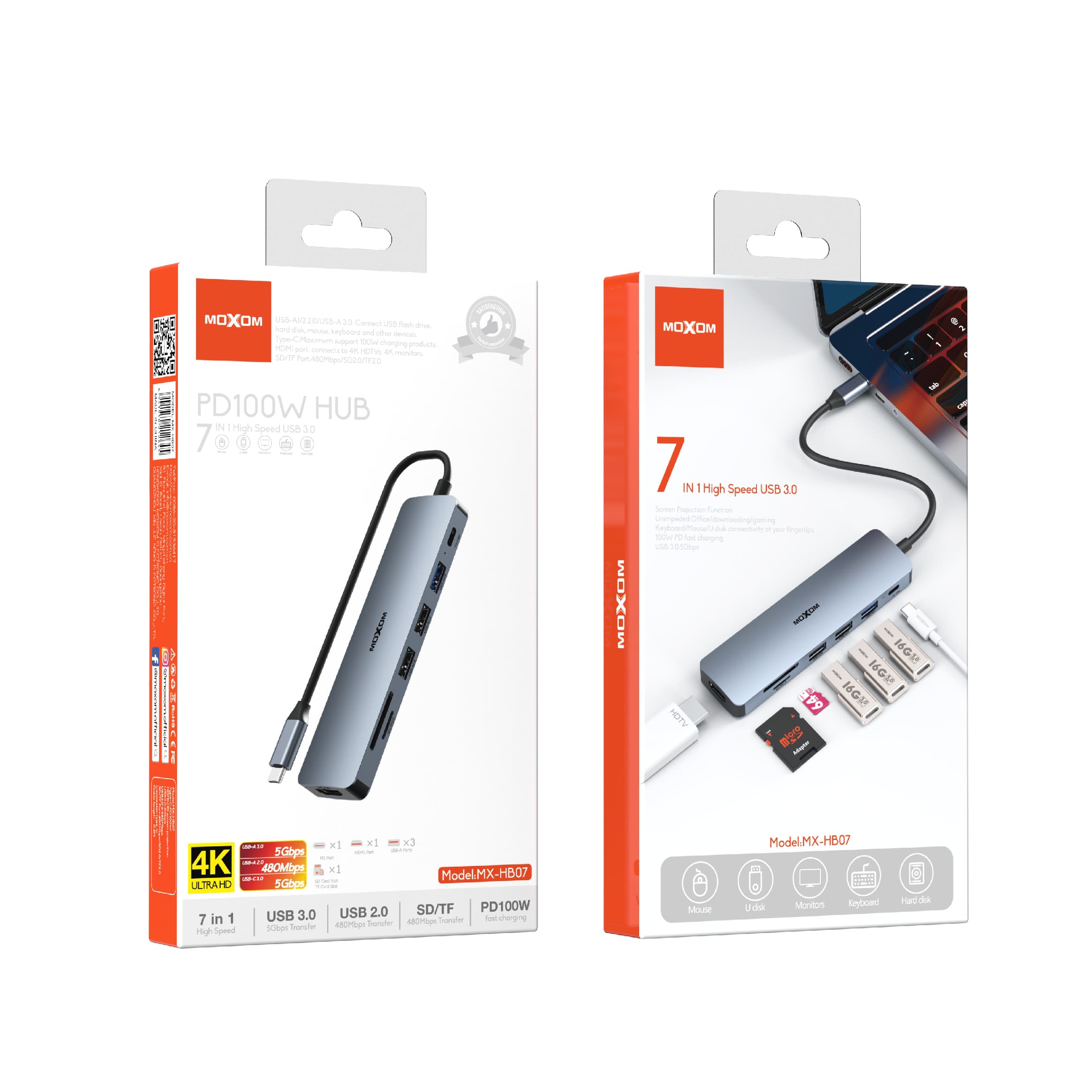 Moxom HX-HB07 7 In 1 USB 3.0 Hub With 100W PD, SD/TFF Card Reader LED Indicators view 5