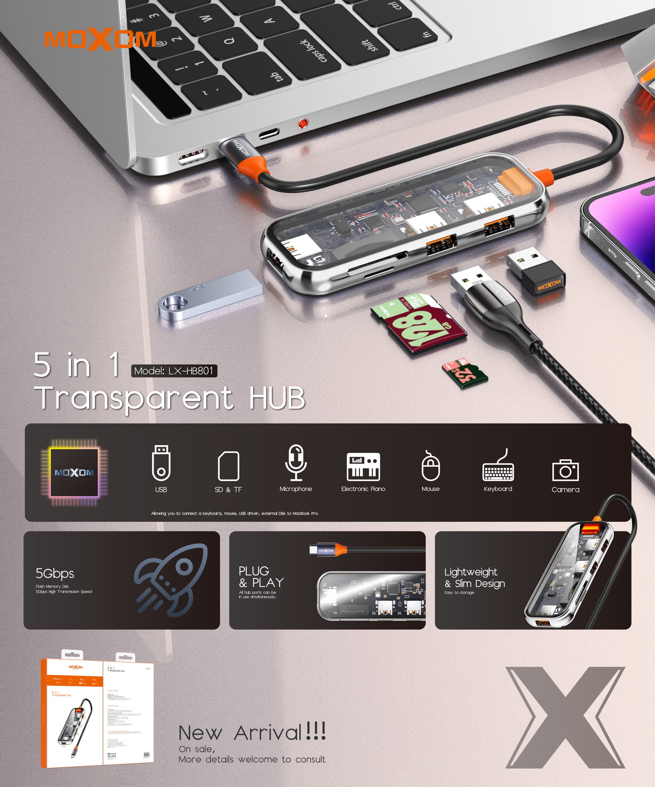 Moxom LX-HB801 5 In 1 Type C 3.0 Portable Hub For Laptops view 2
