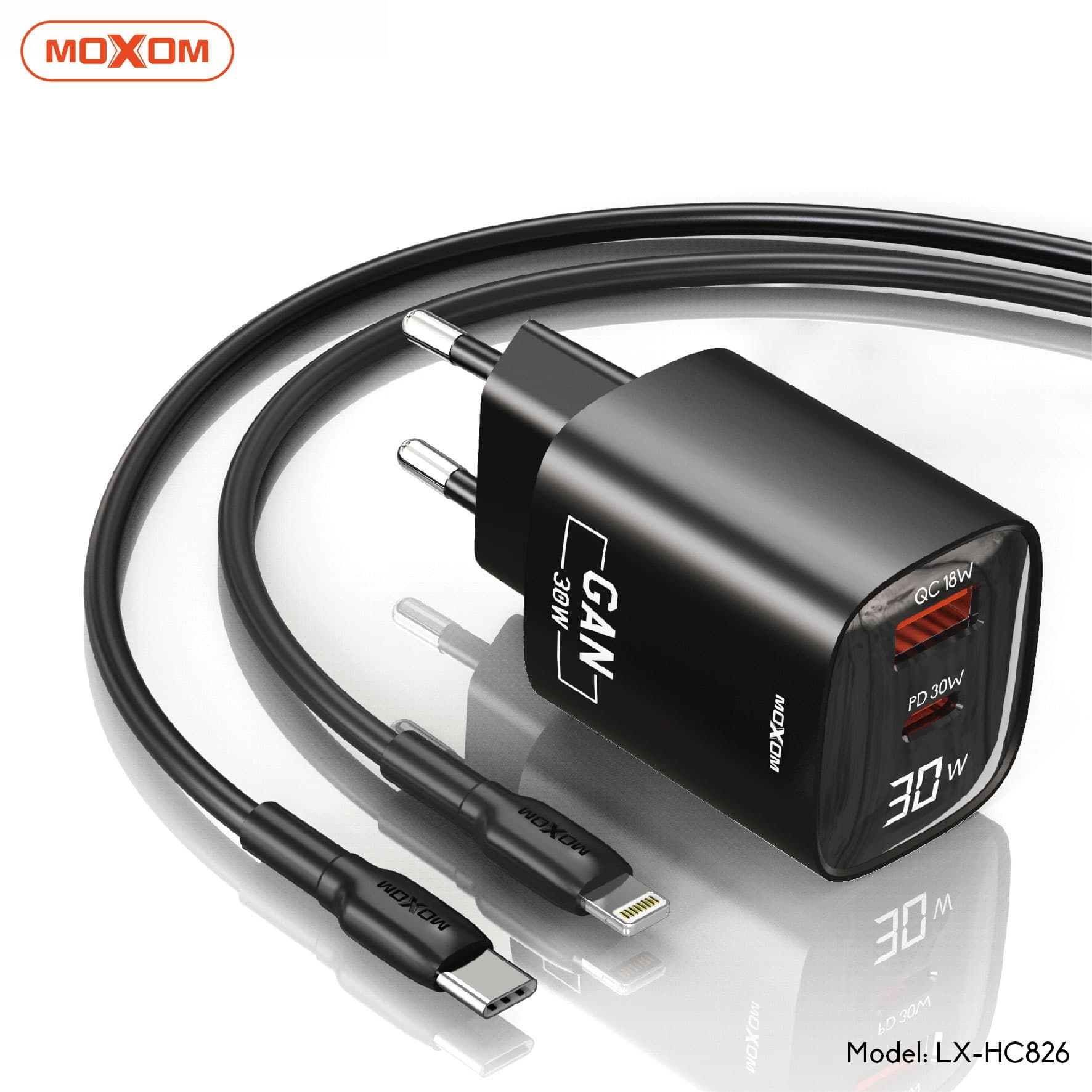 Moxom LX HC826 30 Watt GaN Charger Digital Display With Type C Cable