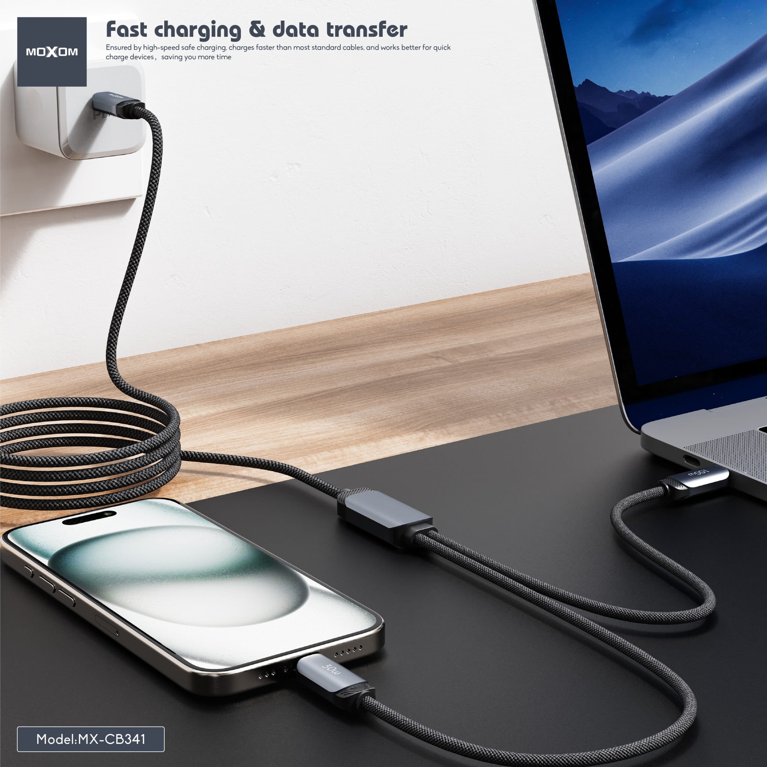 Moxom MX-CB341 PD100W/30W Meter Fast Charging Data Cable (Type-C to C & Lightning, 1.2m) view 3