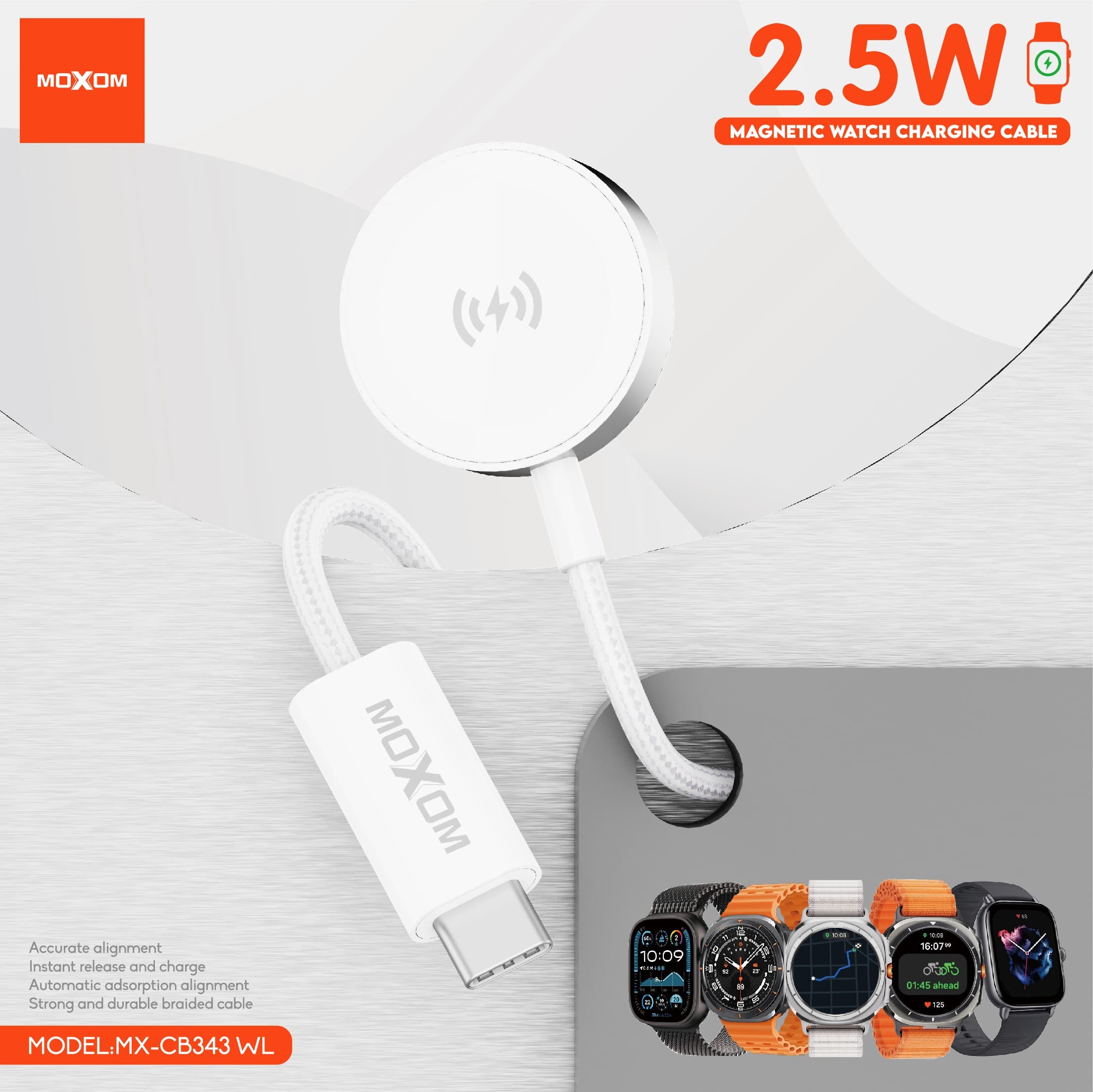 MOXOM MX-CB343 WL 2.5W Magnetic Watch Charger With Strong Magnetic Adsorption USB-C Connector