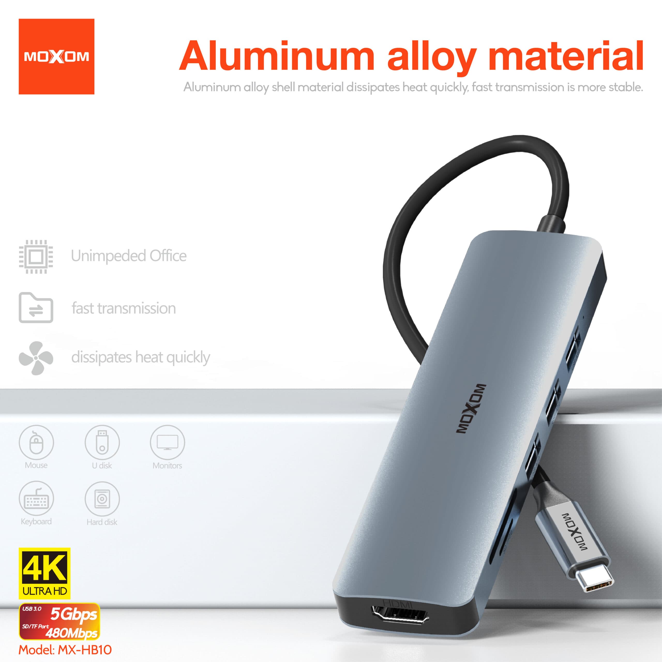 MOXOM MX-HB10 6 In 1 High Speed USB 3.0 Hub With HDMI 4K UHD Output view 2