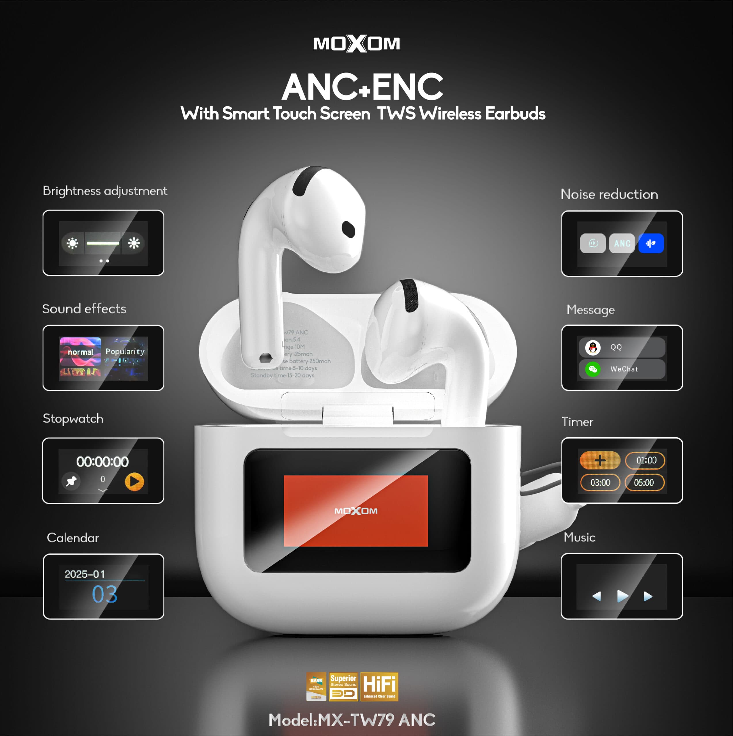 Moxom MX TW79 ANC + ENC With Smart Touch Screen TWS Wireless Earbuds view 2
