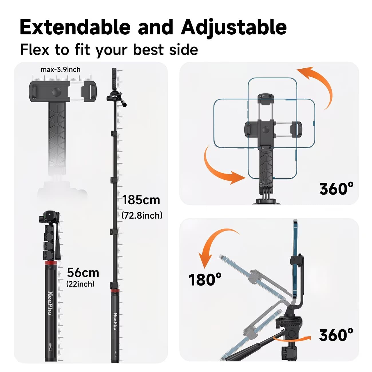 Neepho NP Z7 74″ Extendable Phone Tripod & Selfie Stick view 3