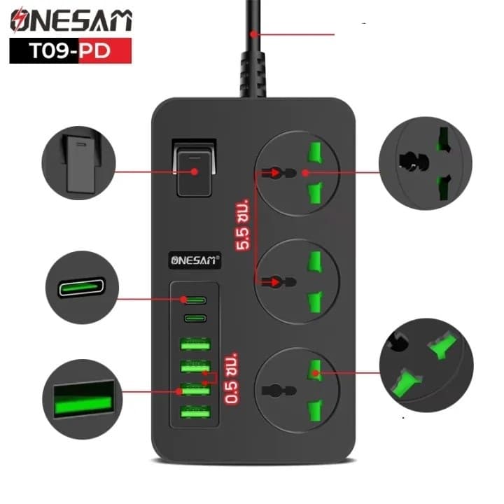 ONESAM T09 PD 3000W Electric Power Socket 4 USB + Type-C EU Multiplug view 2