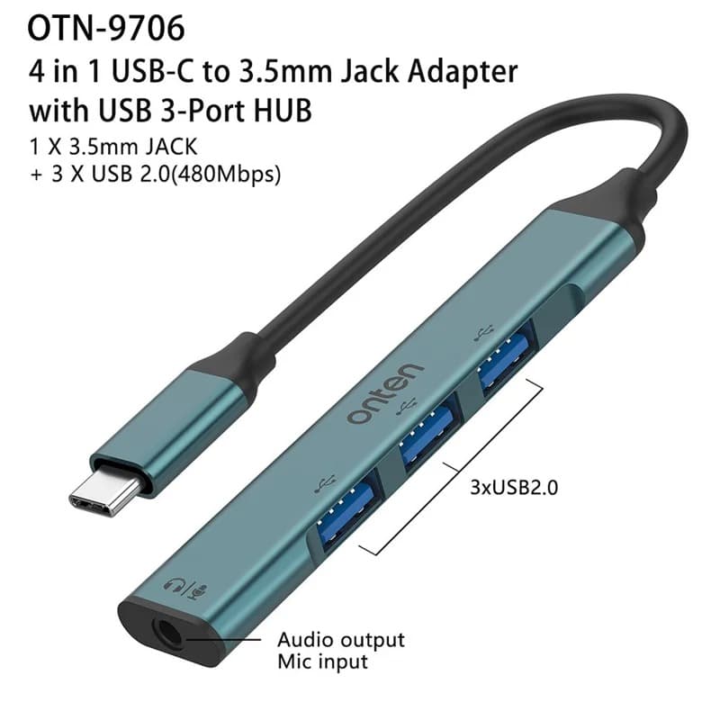 Onten OTN 9706 USB C Hub 3 x USB 2.0 + 3.5mm Audio Adapter Converter view 4