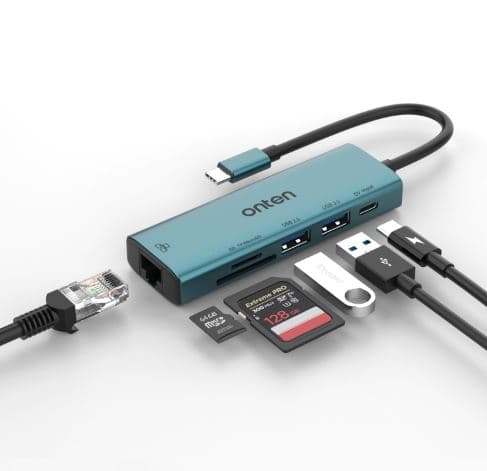 Onten UC122 6 In 1 USB-C / Type-C To SD + TF Card + USB 3.0 HUB With 5V Input & 100Mbps Network Card
