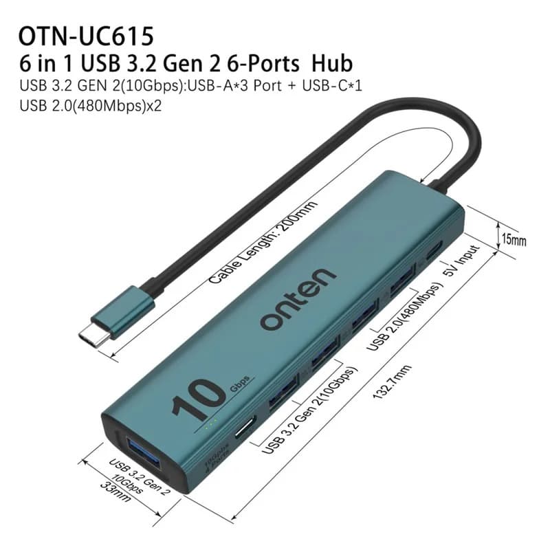 Onten UC615 USB-C Hub 4 x USB3.2 Gen2 + 2 x USB-A + USB-C Power Port Adapter view 3