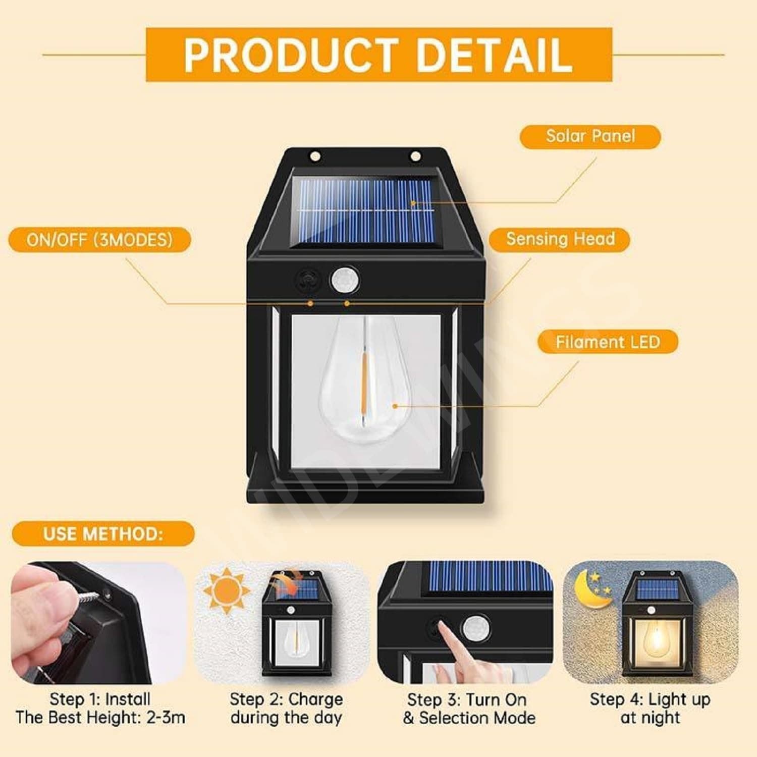 Outdoor Solar Wall Light Dusk To Dawn Porch Light With 3 Modes & Motion Sensor Waterproof view 3
