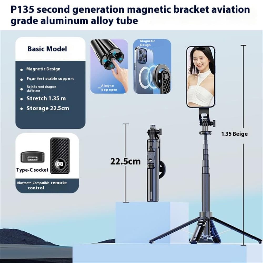 P135 Magnetic Selfie Stick Tripod view 2