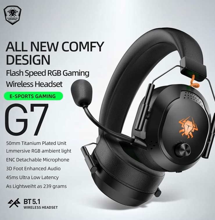 Plextone G7 RGB Chroma Wireless Bluetooth 5.1 Gaming Headset With ENC Detachable Mic