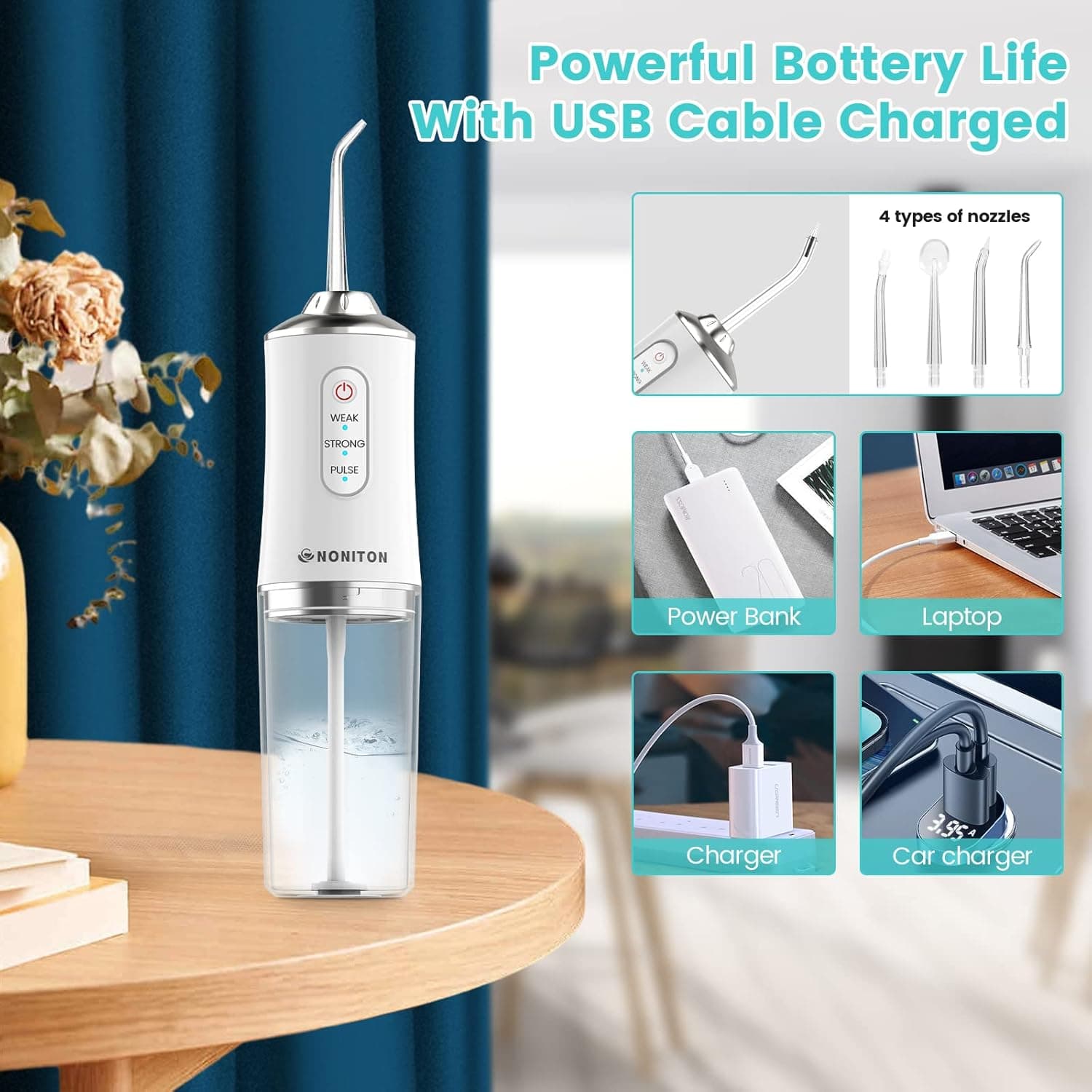 PPS Flush Cordless Rechargeable Water Flosser Dental Oral Irrigator 4 Jet Tips IPX7 Waterproof view 4