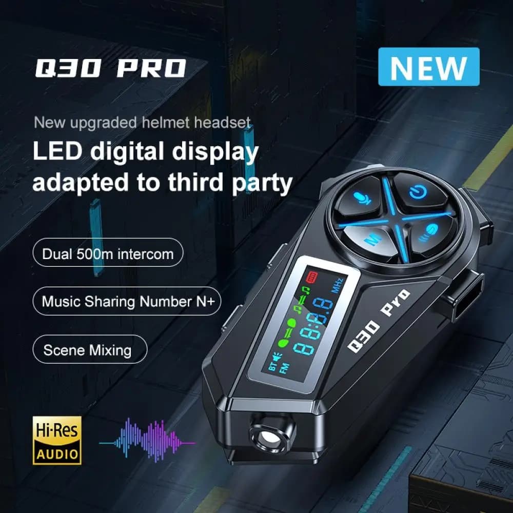 Q30 Motorcycle Helmet Bluetooth Intercom LED HD Digital Display IP56 Waterproof Music Sharing Intercom Distance 500 Meters view 2