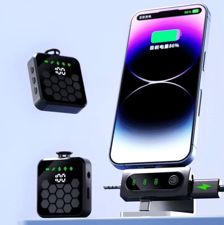 QY66 Dual Noise‑Cancelling Wireless Microphone LED Display 3‑in‑1 Receiver (iPhone / Type‑C / Camera) view 2