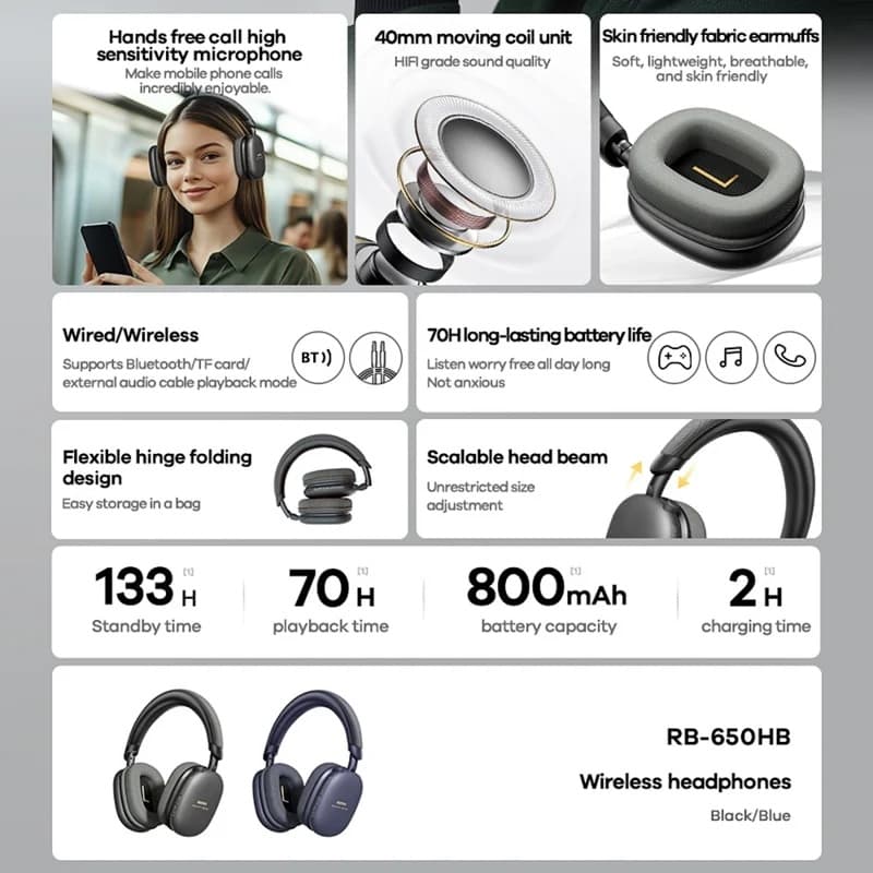 REMAX RB650HB Wireless Bluetooth Over-Ear Headphone view 3