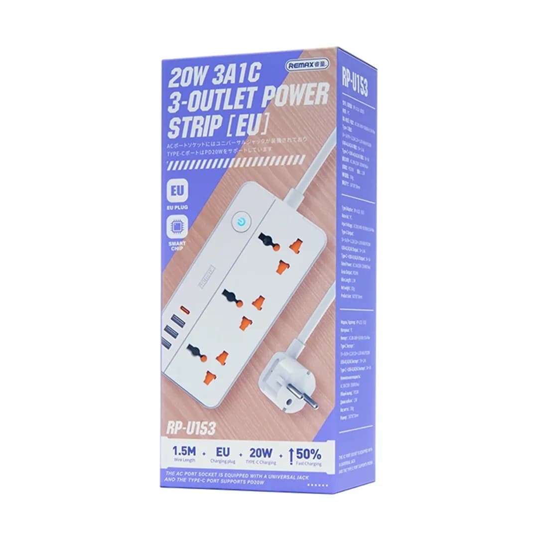 Remax RP-U153 20W Fast Charging Multi-Plug Power Strip with USB and Type-C Ports view 5