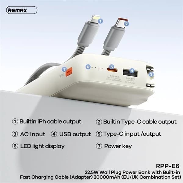 Remax RPP E6 Portable 200000mAh Powerbank With Charging Head Inbuilt Cables view 3
