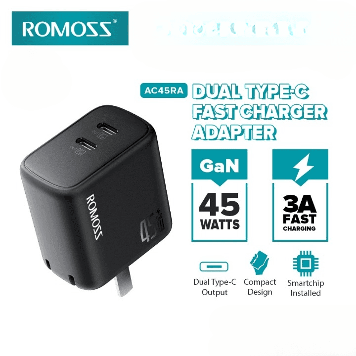 Romoss AC45RA 45W GaN Dual Port Type-C Wall Charger 100–240V Laptop Fast Charging Adapter