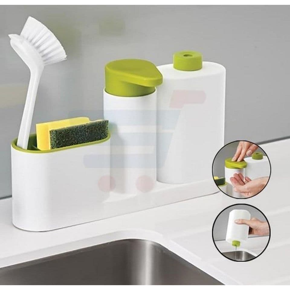 SinkBase Plus 3 Piece Sink Tidy Set Kitchen Bathroom Soap Dispenser With Sponge Holder