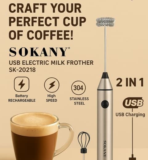 Sokany SK-02018 2-in-1 USB Rechargeable Coffee Beater Hand Mixer / Frother view 2