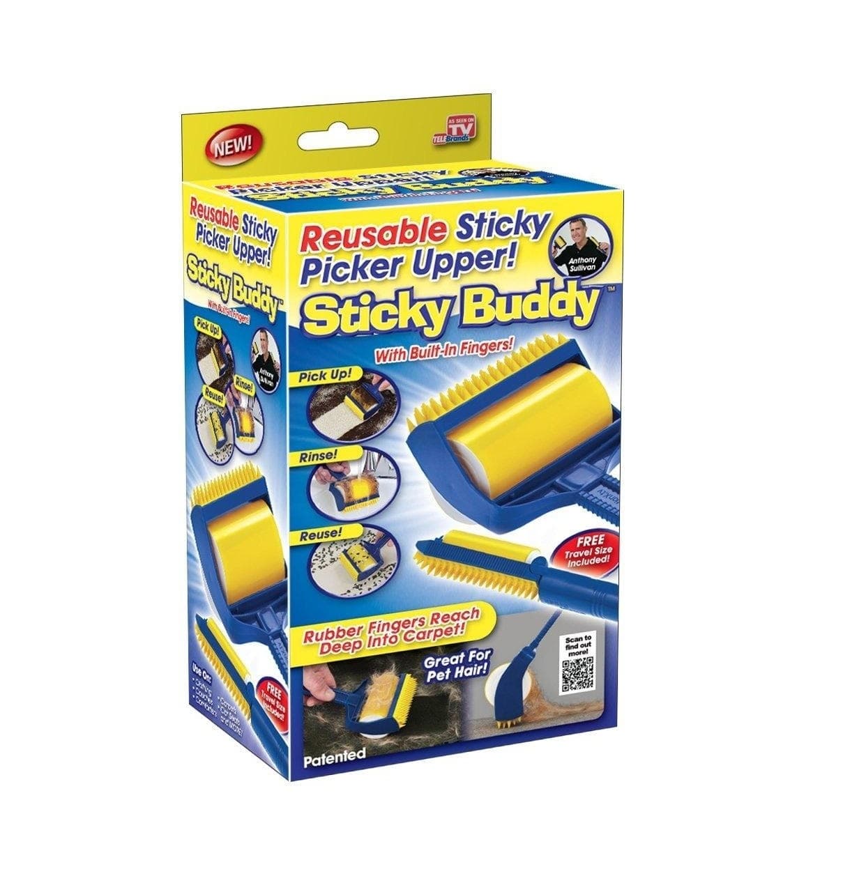 Sticky Buddy Carpet And Clothes Washable Pet Hair Removal Roller With Built In Fingers