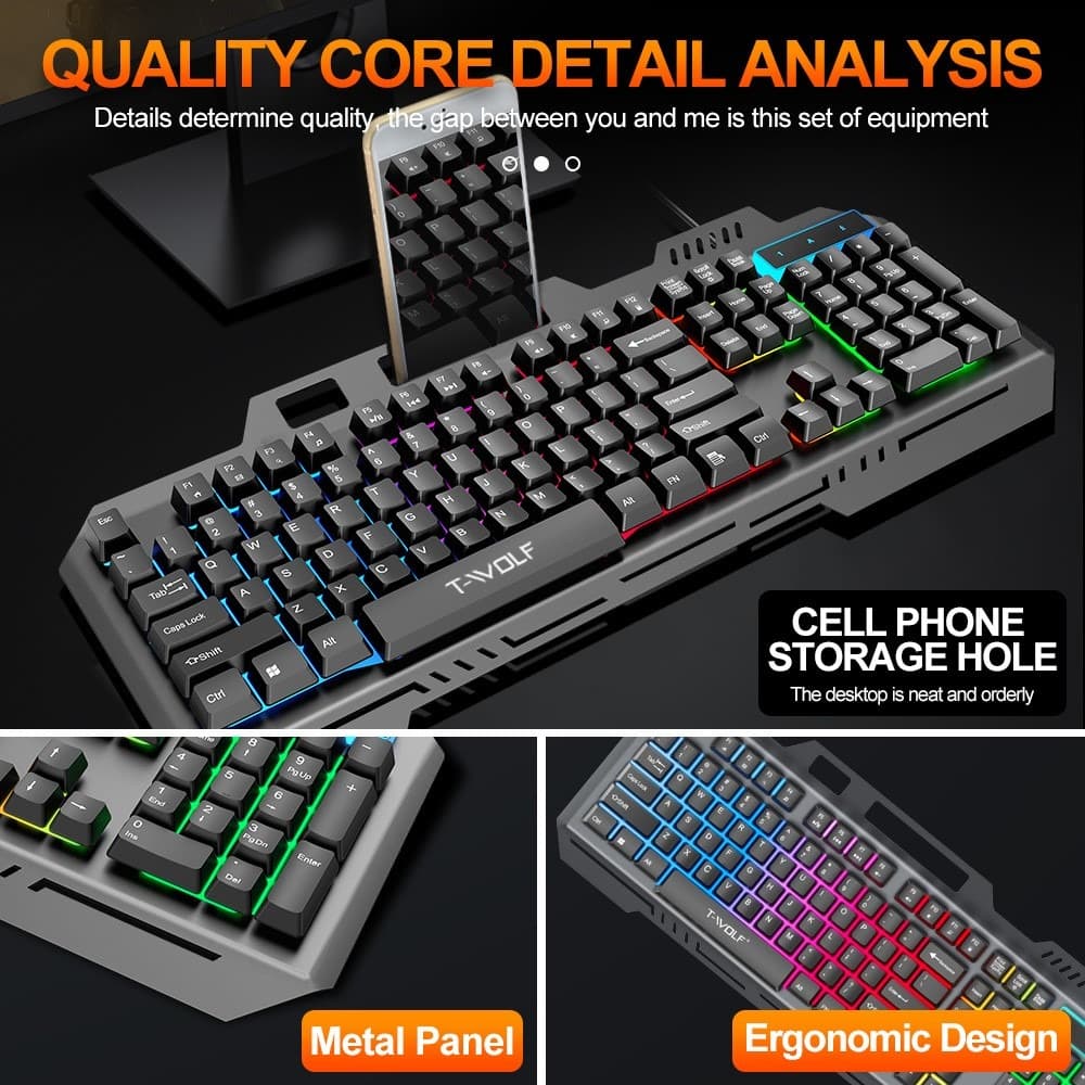 T‑WOLF T16 Backlit Wired 104-Key Gaming Keyboard With Ambient Lighting view 6