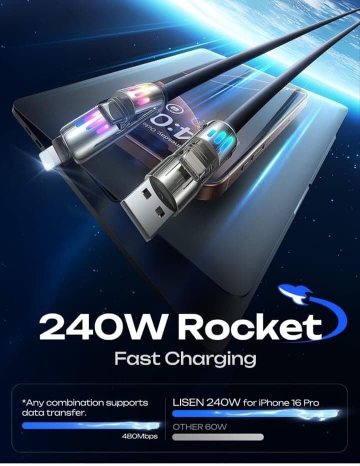 Toocki GZ01 240W 4-in-1 Multi Fast Charging Cable 2M Silky Silicone Cord RGB Glow Light view 2