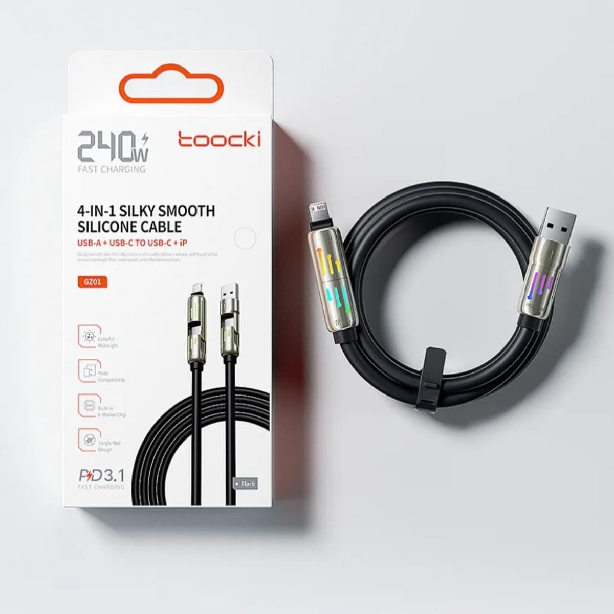 Toocki GZ01 240W 4-in-1 Multi Fast Charging Cable 2M Silky Silicone Cord RGB Glow Light view 6