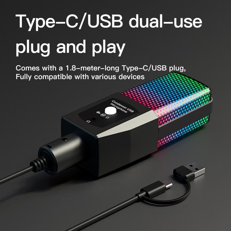 USB RGB Colorful Light Microphone For Gaming, Live Streaming And Recording With Anti-Vibration Stand view 3