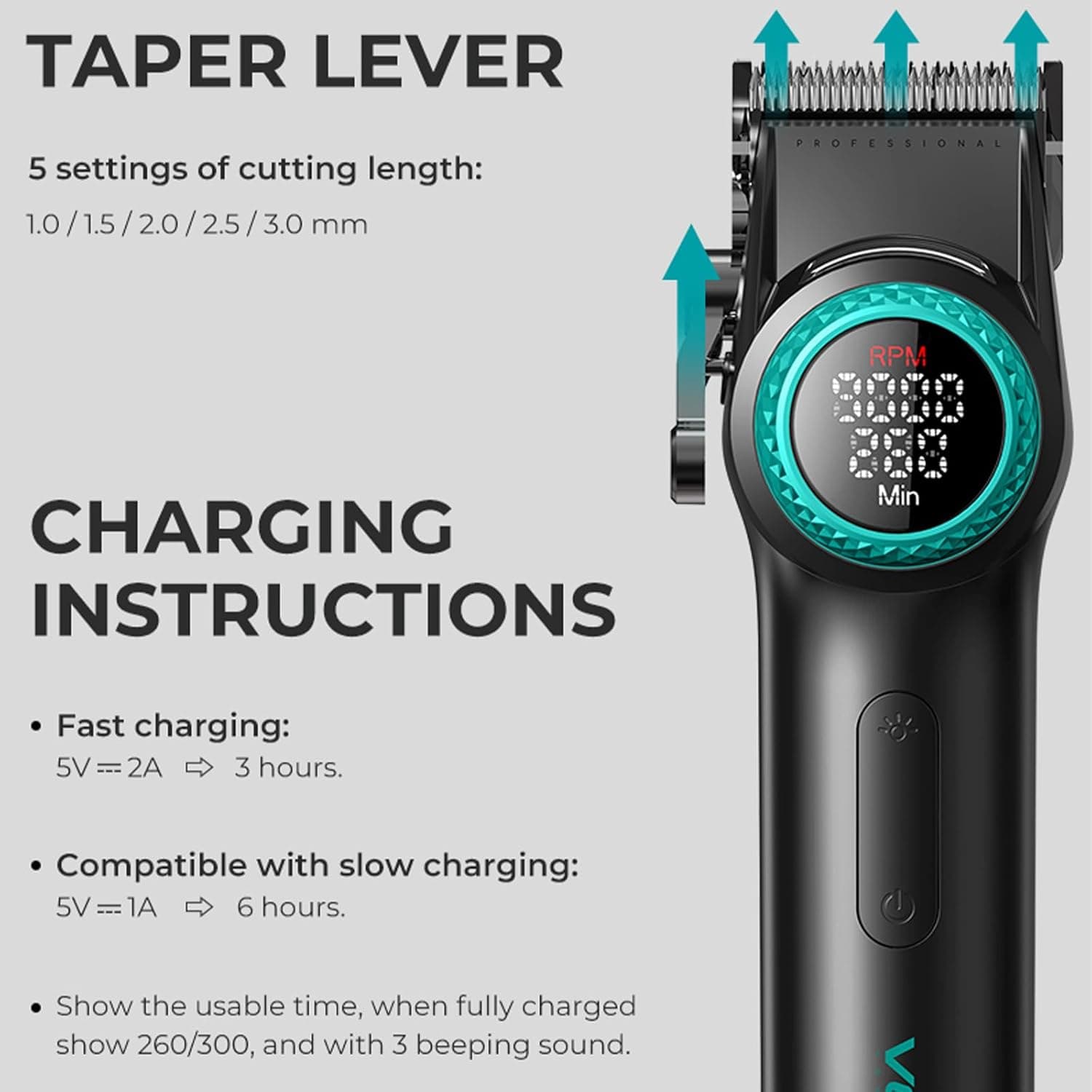 VGR 001 Professional Cordless Hair Clipper For Men 9000RPM Carbon Steel Blade LED Display view 2