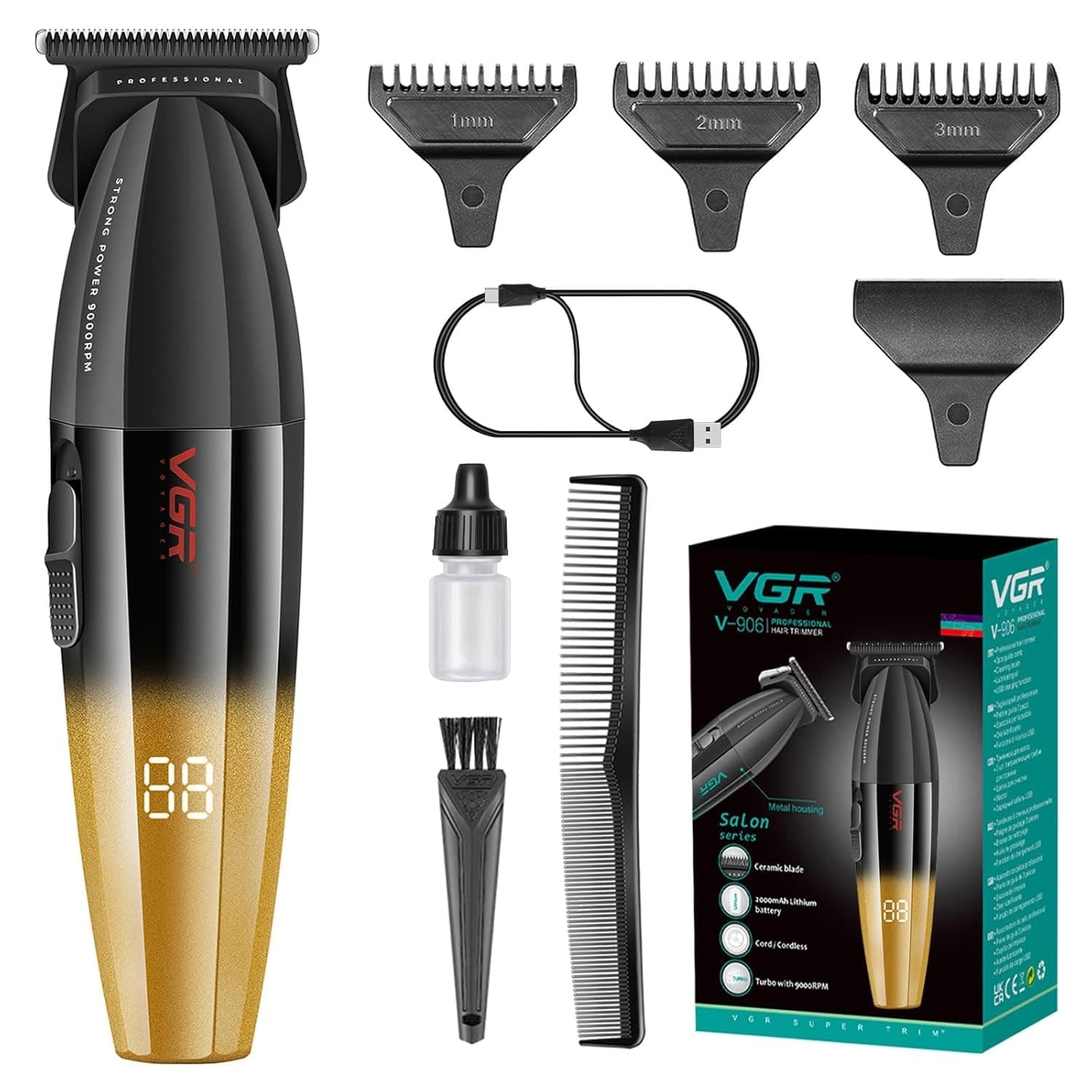 VGR 906 Fresh Fade Professional Hair Trimmer 9000rpm Zero Gapped DLC T-Blade Cordless USB Rechargeable