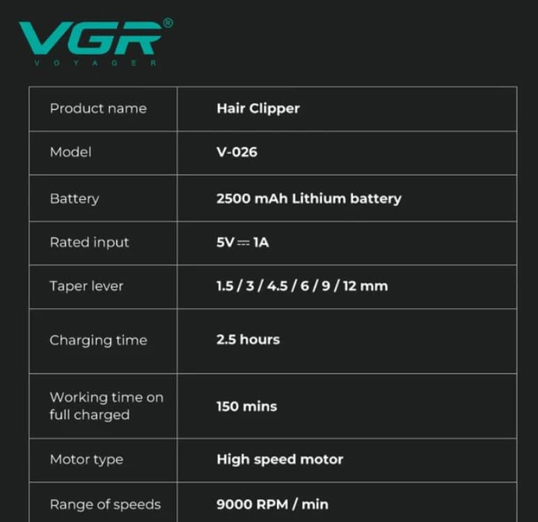VGR V026 Professional Hair Clipper For Men 9000 RPM view 5