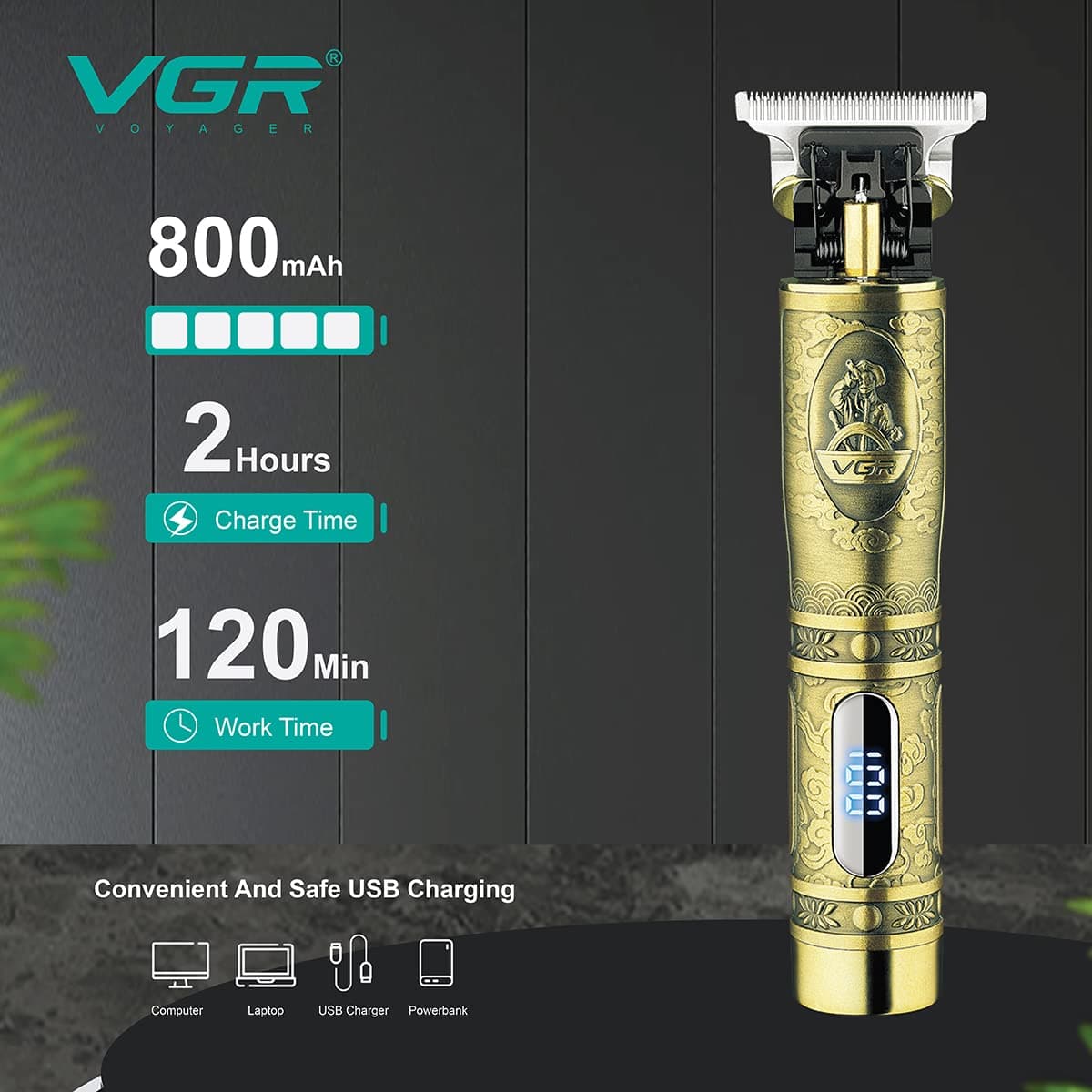 VGR V091 Professional Cordless Hair Clipper Trimmer With Digital Display view 2