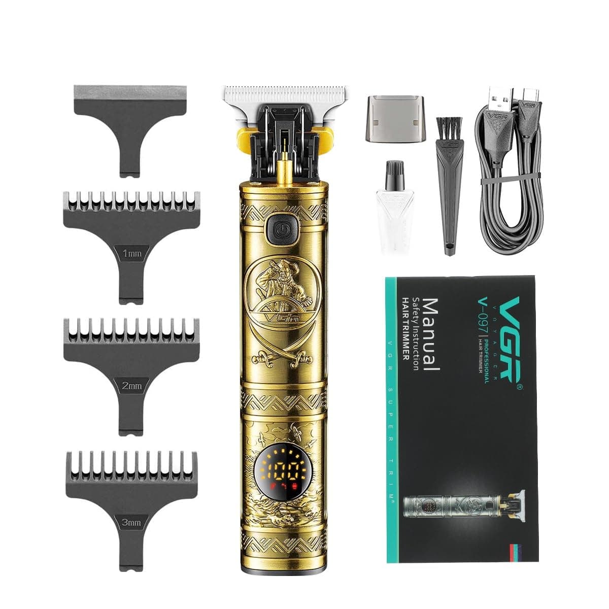 VGR V097 Professional Metal Body Cordless Hair Trimmer LED Display
