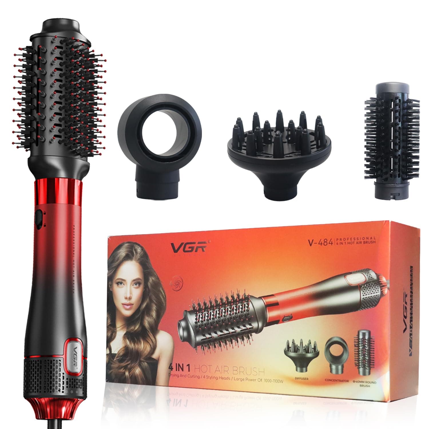 VGR V484 Professional 1000-1100W 4 In 1 Hot Air Brush 4 Styling Heads
