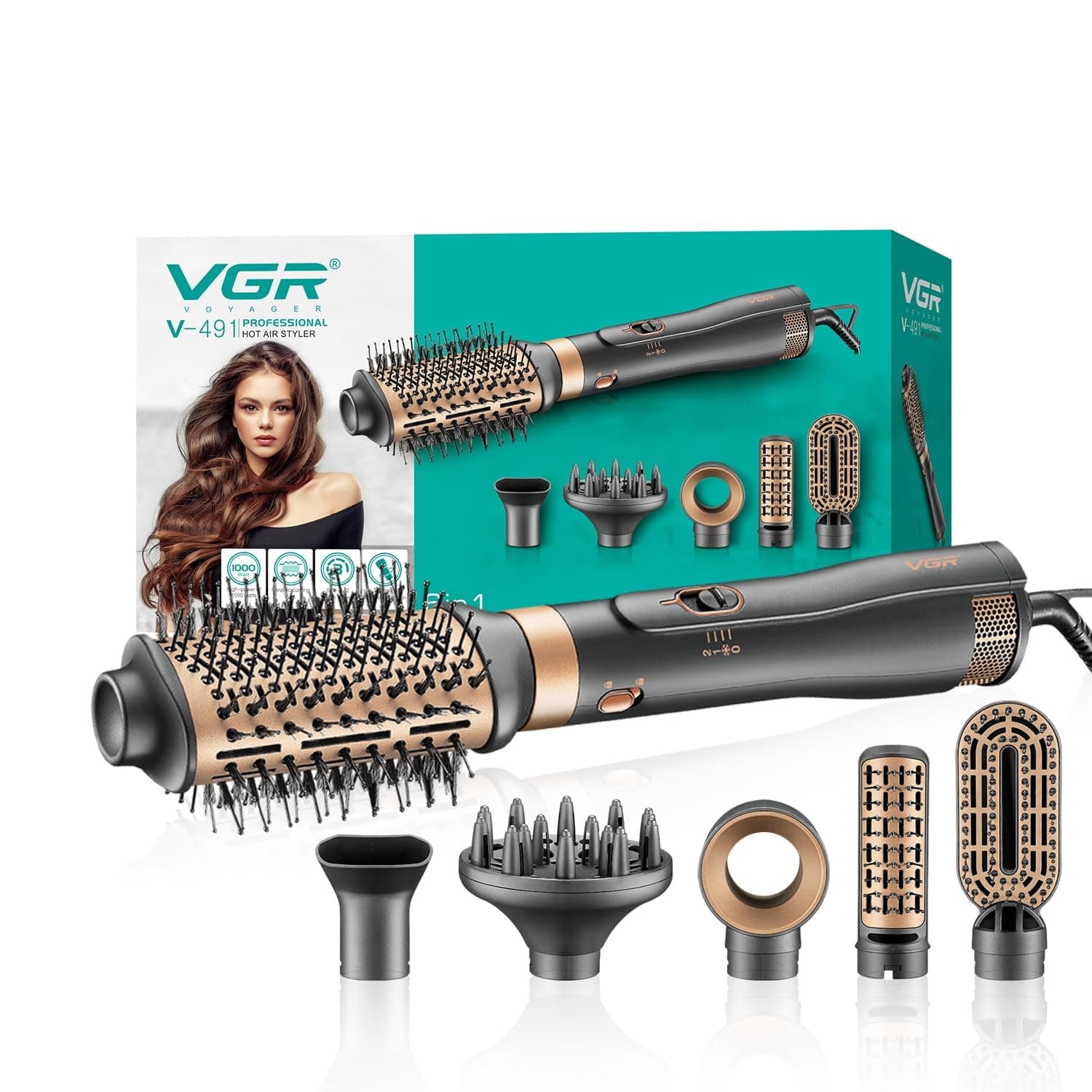 VGR V491 Professional 6-in-1 Hot Air Styler (1000W, Black) – Fast Drying, Curling & Volumizing With Interchangeable Brushes