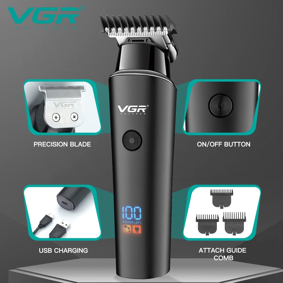 VGR V937 Professional Cordless Rechargeable Hair Trimmer With LED Display view 2