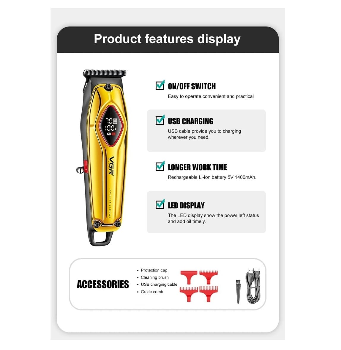 VGR V945 Professional Trimmer 180 min Runtime 4 Length Settings view 3