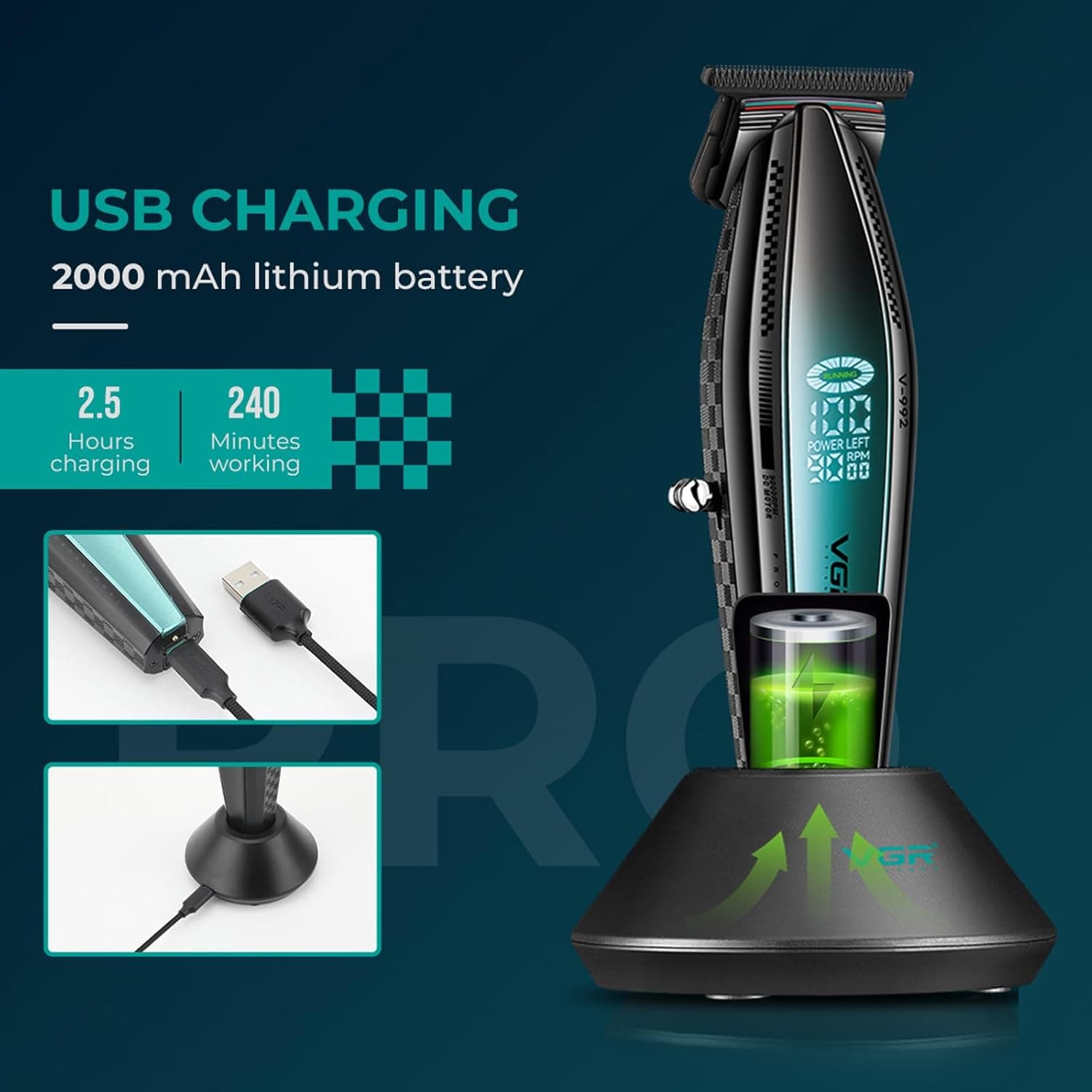 VGR V992 Cordless T-Blade Hair & Beard Trimmer 9000 RPM 240 Min view 5