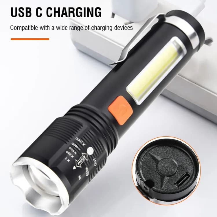 XH-P50 USB Rechargeable Retractable Zoom LED COB Torch Light With Pen Buckle Rope