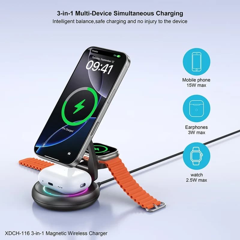 XUNDD XDCH-116 3 In 1 Magnetic Folding Wireless Charger For Mobile Phone, Earphones & Watch view 2
