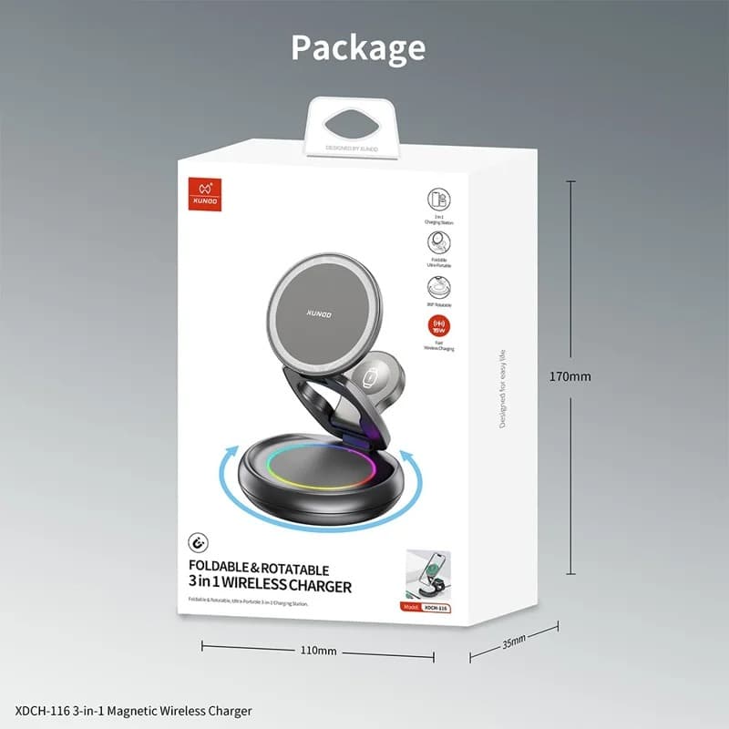 XUNDD XDCH-116 3 In 1 Magnetic Folding Wireless Charger For Mobile Phone, Earphones & Watch view 6